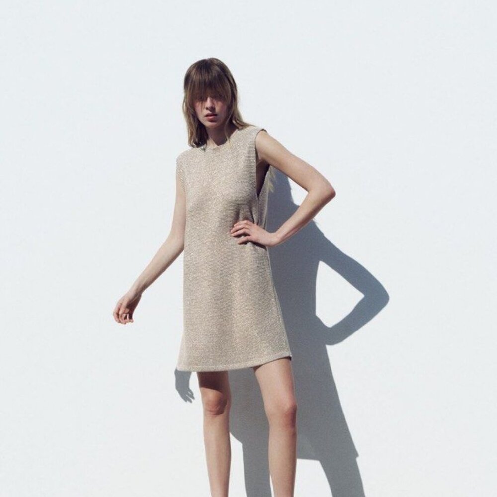 ZARA Sleeveless Knit Metallic Sweater Mini Cover Up Dress NWT Size Small
